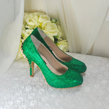 Load image into Gallery viewer, Emerald Green Shimmer Wedding Shoes with 'Cherry Blossom'
