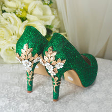 Load image into Gallery viewer, Emerald Green Shimmer Wedding Shoes with 'Cherry Blossom'