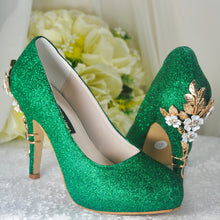 Load image into Gallery viewer, Emerald Green Shimmer Wedding Shoes with 'Cherry Blossom'