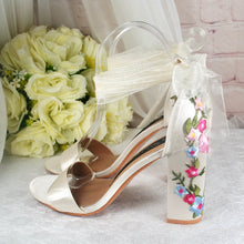 Load image into Gallery viewer, Ivory Satin Bridal Sandals with Floral Embroidery