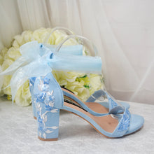 Load image into Gallery viewer, Blue Suede Bridal Sandals with Floral Embroidery