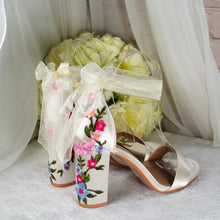 Load image into Gallery viewer, Ivory Satin Bridal Sandals with Floral Embroidery