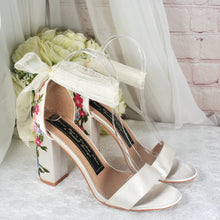 Load image into Gallery viewer, Ivory Satin Bridal Sandals with Floral Embroidery