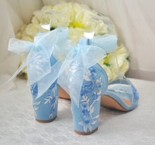 Load image into Gallery viewer, Blue Suede Bridal Sandals with Floral Embroidery