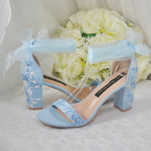 Load image into Gallery viewer, Blue Suede Bridal Sandals with Floral Embroidery