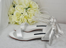 Load image into Gallery viewer, Ivory Satin Flat Summer Sandals Beach Wedding Bridal Shoes with Pearl Ankle Strap