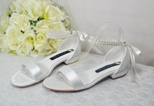 Load image into Gallery viewer, Ivory Satin Flat Summer Sandals Beach Wedding Bridal Shoes with Pearl Ankle Strap