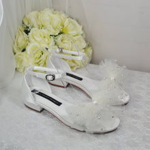 Load image into Gallery viewer, Ivory Satin Flat Summer Sandals Beach Wedding Bridal Shoes with Ankle Strap and Pearl Bow