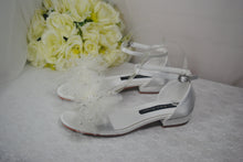 Load image into Gallery viewer, Ivory Satin Flat Summer Sandals Beach Wedding Bridal Shoes with Ankle Strap and Pearl Bow