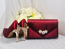 Load image into Gallery viewer, Burgundy Red Satin Bridal Shoes with Gold  'Cherry Blossom',