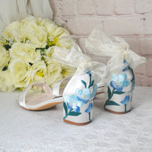 Load image into Gallery viewer, Ivory Satin Bridal Sandals with Blue Floral Embroidery