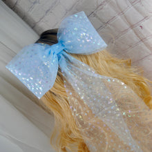 Load image into Gallery viewer, Blue Bride hair bow with Iridescent Disney Mouse Foil Embellishments