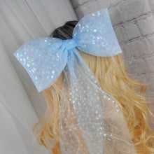 Load image into Gallery viewer, Blue Bride hair bow with Iridescent Disney Mouse Foil Embellishments