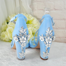 Load image into Gallery viewer, Blue Satin Block Heel Bridal Sandals UK4/US6.5