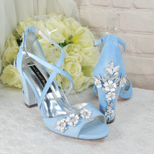 Load image into Gallery viewer, Blue Satin Block Heel Bridal Sandals UK4/US6.5