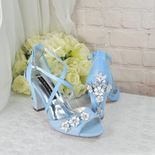 Load image into Gallery viewer, Blue Satin Block Heel Bridal Sandals UK4/US6.5