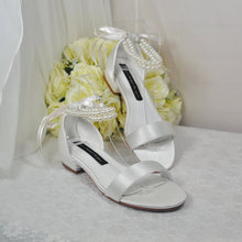 Load image into Gallery viewer, Ivory Satin Flat Summer Sandals Beach Wedding Bridal Shoes with Pearl Ankle Strap