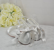 Load image into Gallery viewer, Ivory Satin Flat Summer Sandals Beach Wedding Bridal Shoes with Pearl Ankle Strap