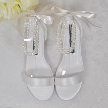 Load image into Gallery viewer, Ivory Satin Flat Summer Sandals Beach Wedding Bridal Shoes with Pearl Ankle Strap