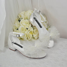 Load image into Gallery viewer, Ivory Satin Flat Summer Sandals Beach Wedding Bridal Shoes with Ankle Strap and Pearl Bow