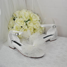 Load image into Gallery viewer, Ivory Satin Flat Summer Sandals Beach Wedding Bridal Shoes with Ankle Strap and Pearl Bow