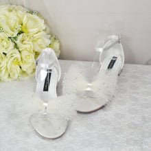 Load image into Gallery viewer, Ivory Satin Flat Summer Sandals Beach Wedding Bridal Shoes with Ankle Strap and Pearl Bow