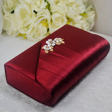 Load image into Gallery viewer, Burgundy Red Satin Bridal Shoes 'Cherry Blossom' Floral Embellishment and Matching Clutch Bag