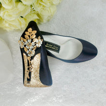 Load image into Gallery viewer, Navy Blue Satin Heels with Cherry Blossom UK6/US8.5