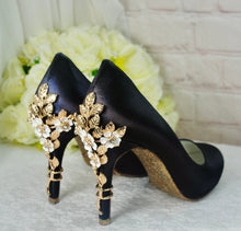 Load image into Gallery viewer, Navy Blue Satin Heels with Cherry Blossom UK6/US8.5