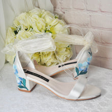 Load image into Gallery viewer, Ivory Satin Bridal Sandals with Blue Floral Embroidery