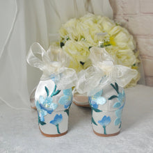 Load image into Gallery viewer, Ivory Satin Bridal Sandals with Blue Floral Embroidery