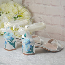 Load image into Gallery viewer, Ivory Satin Bridal Sandals with Blue Floral Embroidery