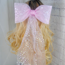 Load image into Gallery viewer, Pink Bride hair bow with Iridescent Disney Mouse Foil Embellishments