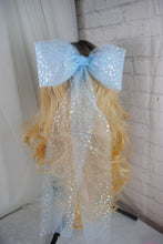 Load image into Gallery viewer, Blue Bride hair bow with Iridescent Disney Mouse Foil Embellishments