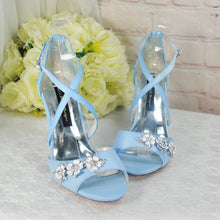 Load image into Gallery viewer, Blue Satin Block Heel Bridal Sandals UK4/US6.5