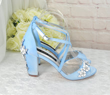 Load image into Gallery viewer, Blue Satin Block Heel Bridal Sandals UK4/US6.5