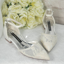 Load image into Gallery viewer, Lace Pointy Toe Flats Ivory and Pearl Size Uk3/US5.5