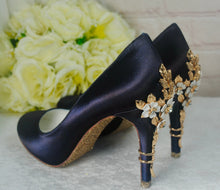 Load image into Gallery viewer, Navy Blue Satin Heels with Cherry Blossom UK6/US8.5