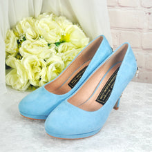Load image into Gallery viewer, Blue Suede Wedding Shoes and Matching Clutch Bag with 'Cherry Blossom',