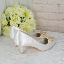Load image into Gallery viewer, Kitten Heel Satin Shoes, Low Heel Bridal Shoe with Crystal 'Bow' Embellishment, Wedding Pumps for Bride Bridesmaid Hen Do Engagement Party