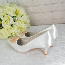 Load image into Gallery viewer, Kitten Heel Satin Shoes, Low Heel Bridal Shoe with Crystal 'Bow' Embellishment, Wedding Pumps for Bride Bridesmaid Hen Do Engagement Party