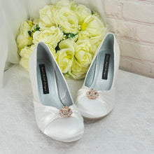 Load image into Gallery viewer, Custom Bridal Shoes, Low Heel Satin Shoe, Beauty and the Beast Wedding, Whiter Ivory Heels