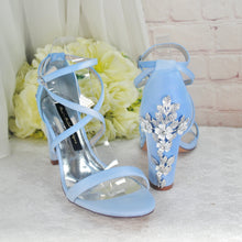 Load image into Gallery viewer, Blue Satin Block Heel Bridal Sandals