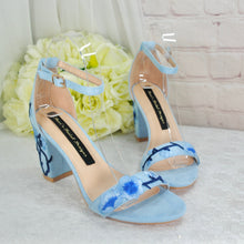 Load image into Gallery viewer, Blue Suede Bridal Sandals with Floral Blossom Embroidery