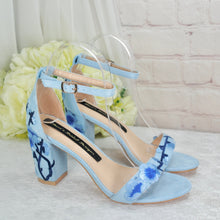 Load image into Gallery viewer, Blue Suede Bridal Sandals with Floral Blossom Embroidery