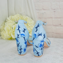 Load image into Gallery viewer, Blue Suede Bridal Sandals with Floral Blossom Embroidery