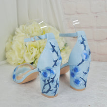 Load image into Gallery viewer, Blue Suede Bridal Sandals with Floral Blossom Embroidery