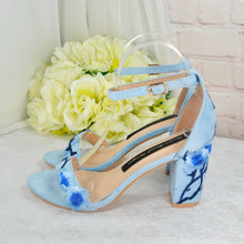 Load image into Gallery viewer, Blue Suede Bridal Sandals with Floral Blossom Embroidery