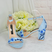 Load image into Gallery viewer, Blue Suede Bridal Sandals with Floral Blossom Embroidery