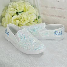 Load image into Gallery viewer, Beautiful White Glitter Bridal Shoes - Flat Wedding Trainers / Sneakers